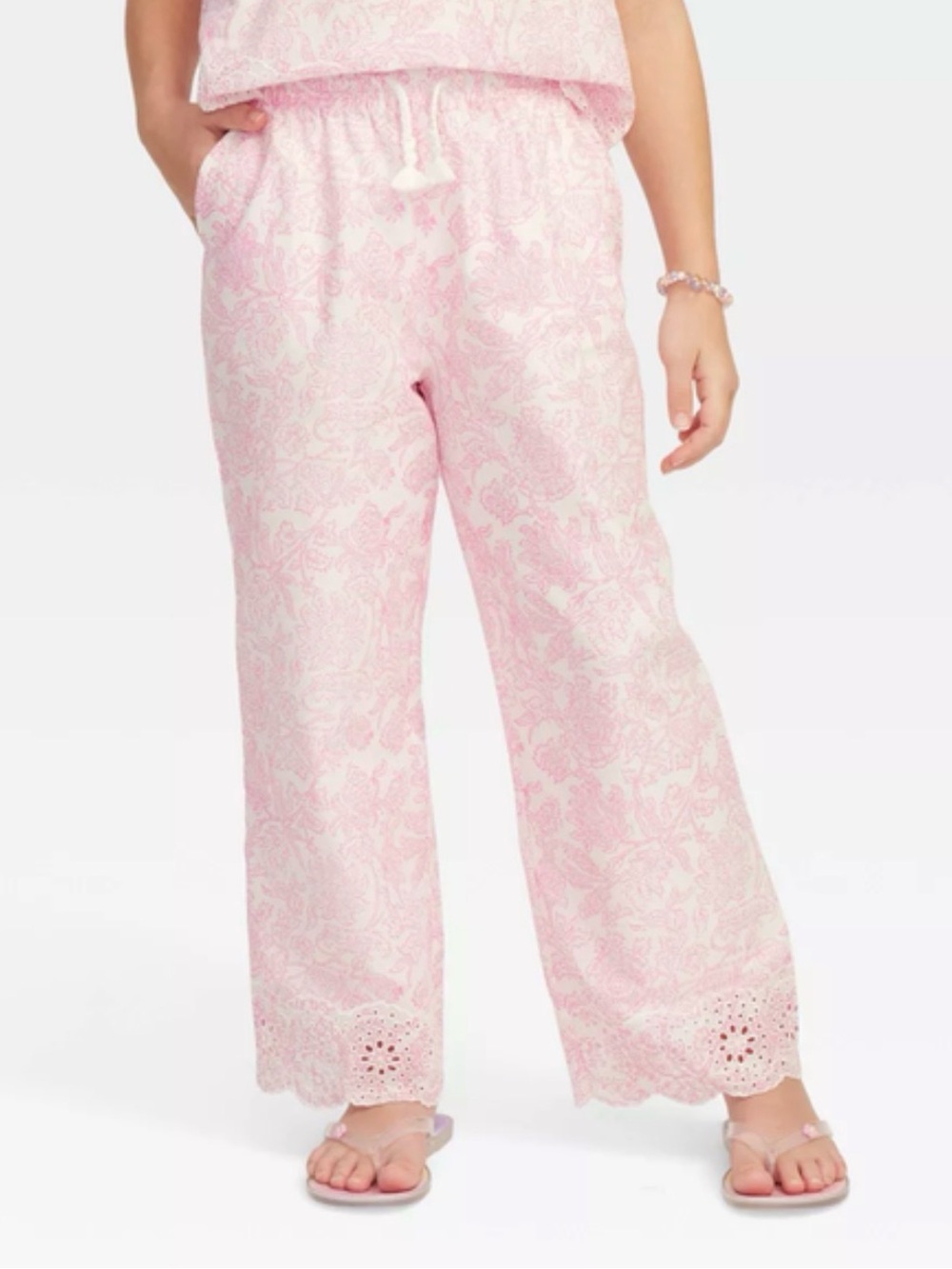 Roller Rabbit Pink & White Floral Eyelet Cozy Preppy Lounging Pants Medium 8/10